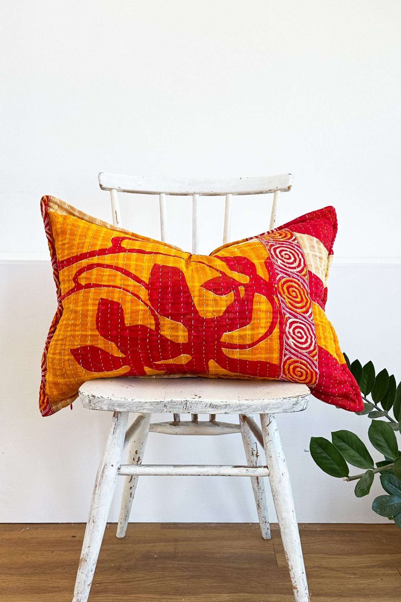 Handmade Reversible Kantha Cushion in Orange and Red - One Off - Large Rectangular - Biggs & Hill