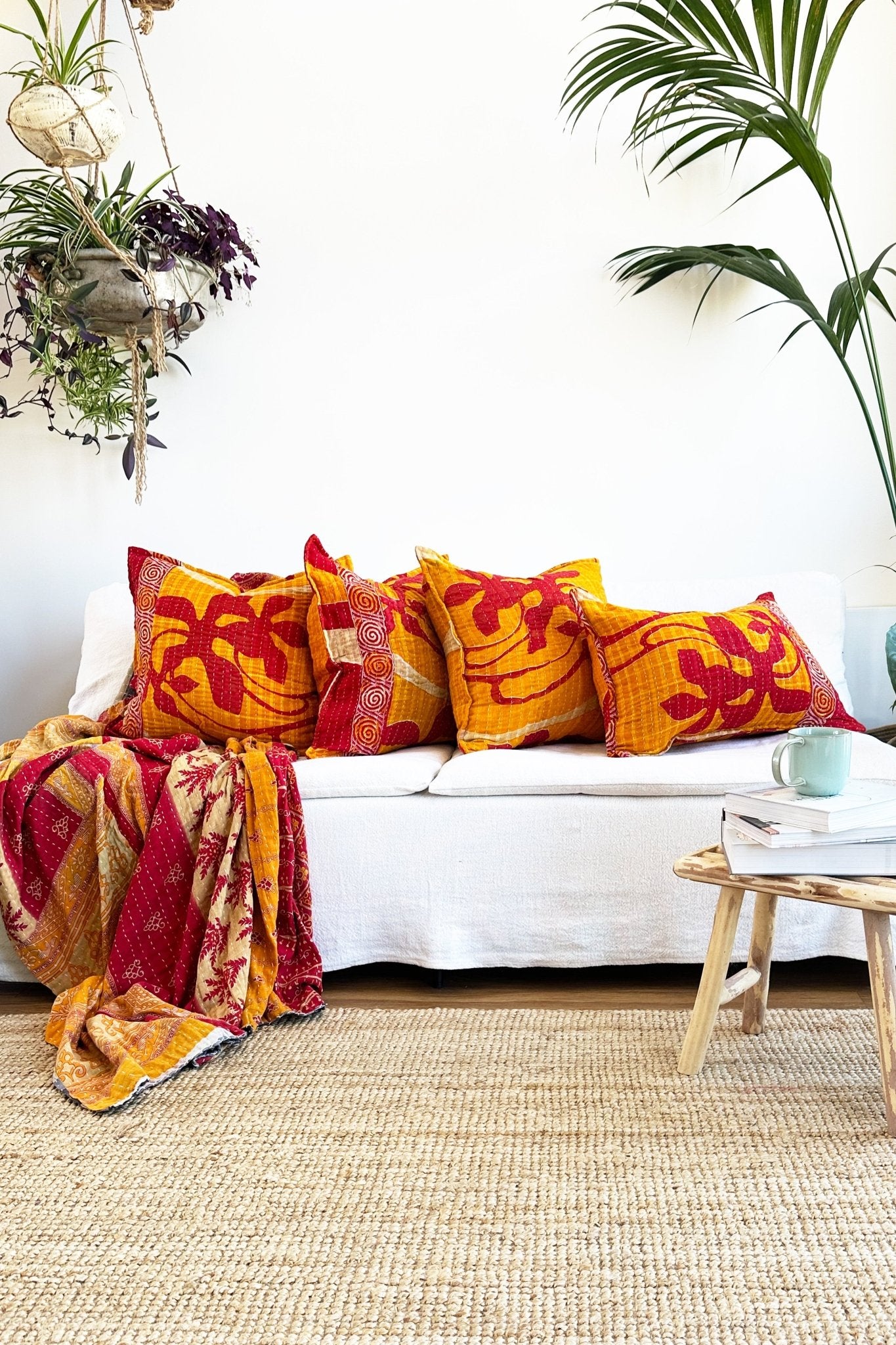 Handmade Reversible Kantha Cushion in Orange and Red - One Off - Large Rectangular - Biggs & Hill