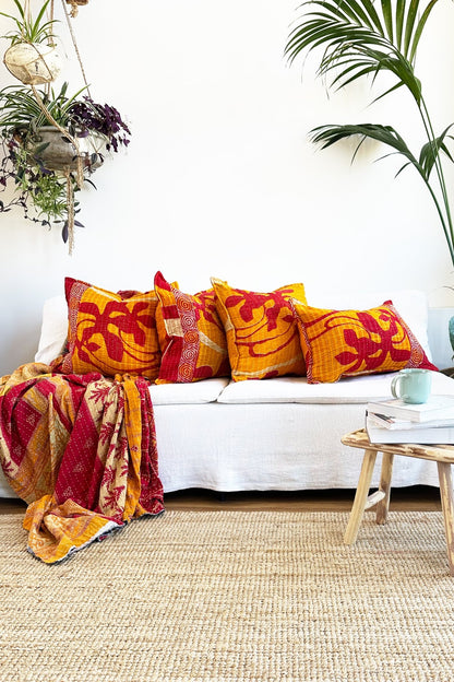 Handmade Reversible Kantha Cushion in Orange and Red - One Off - Large Rectangular - Biggs & Hill