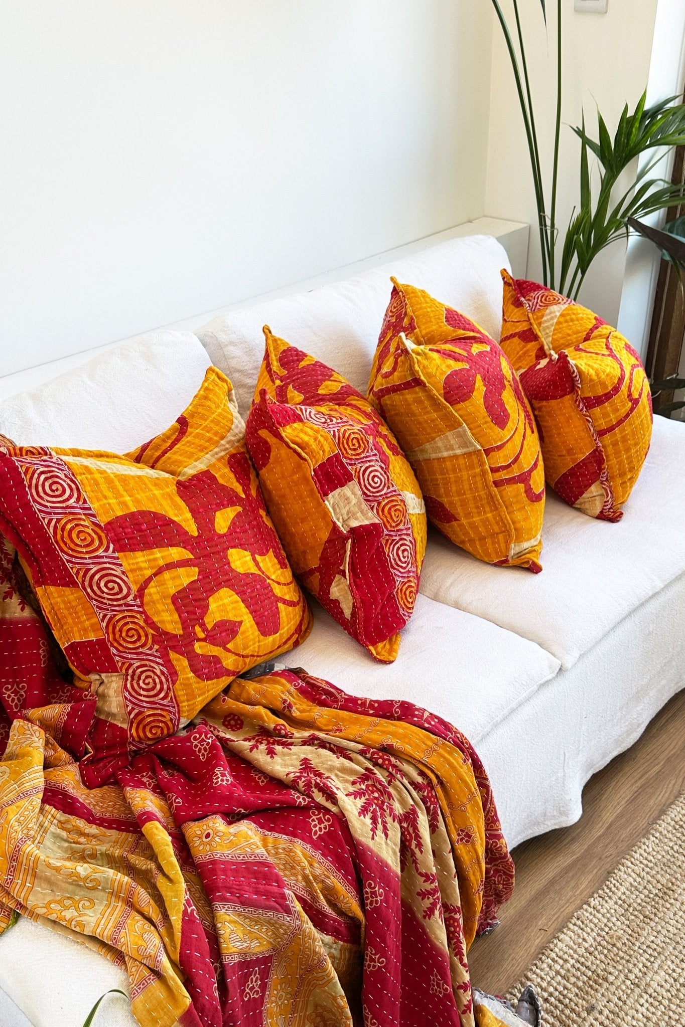 Handmade Reversible Kantha Cushion in Orange and Red - One Off - Large Rectangular - Biggs & Hill