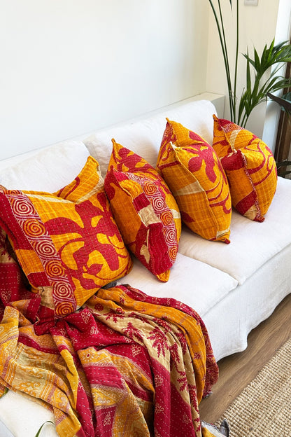 Handmade Reversible Kantha Cushion in Orange and Red - One Off - Large Rectangular - Biggs & Hill