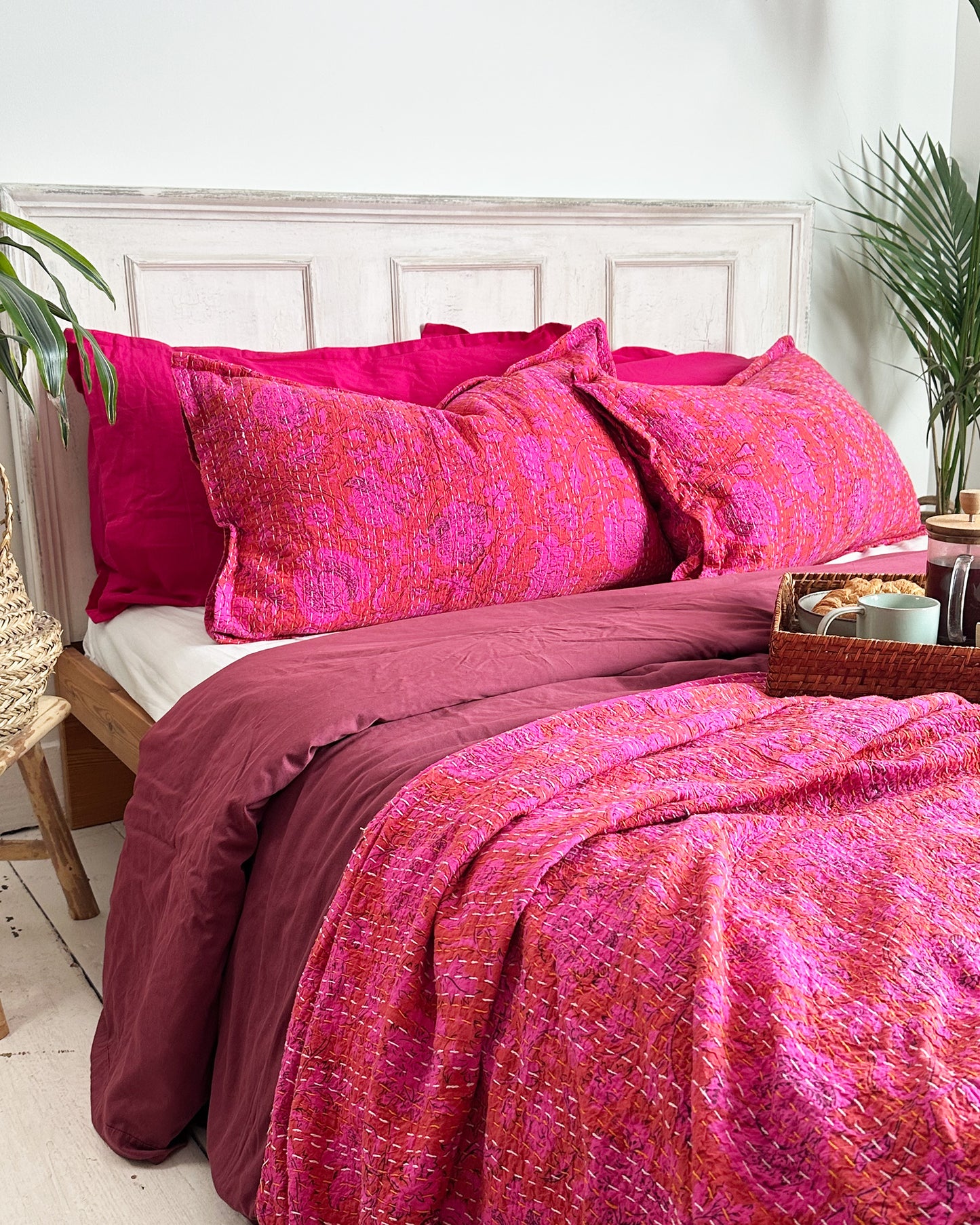 Hot Bright Pink Floral Kantha Quilt Bedspread