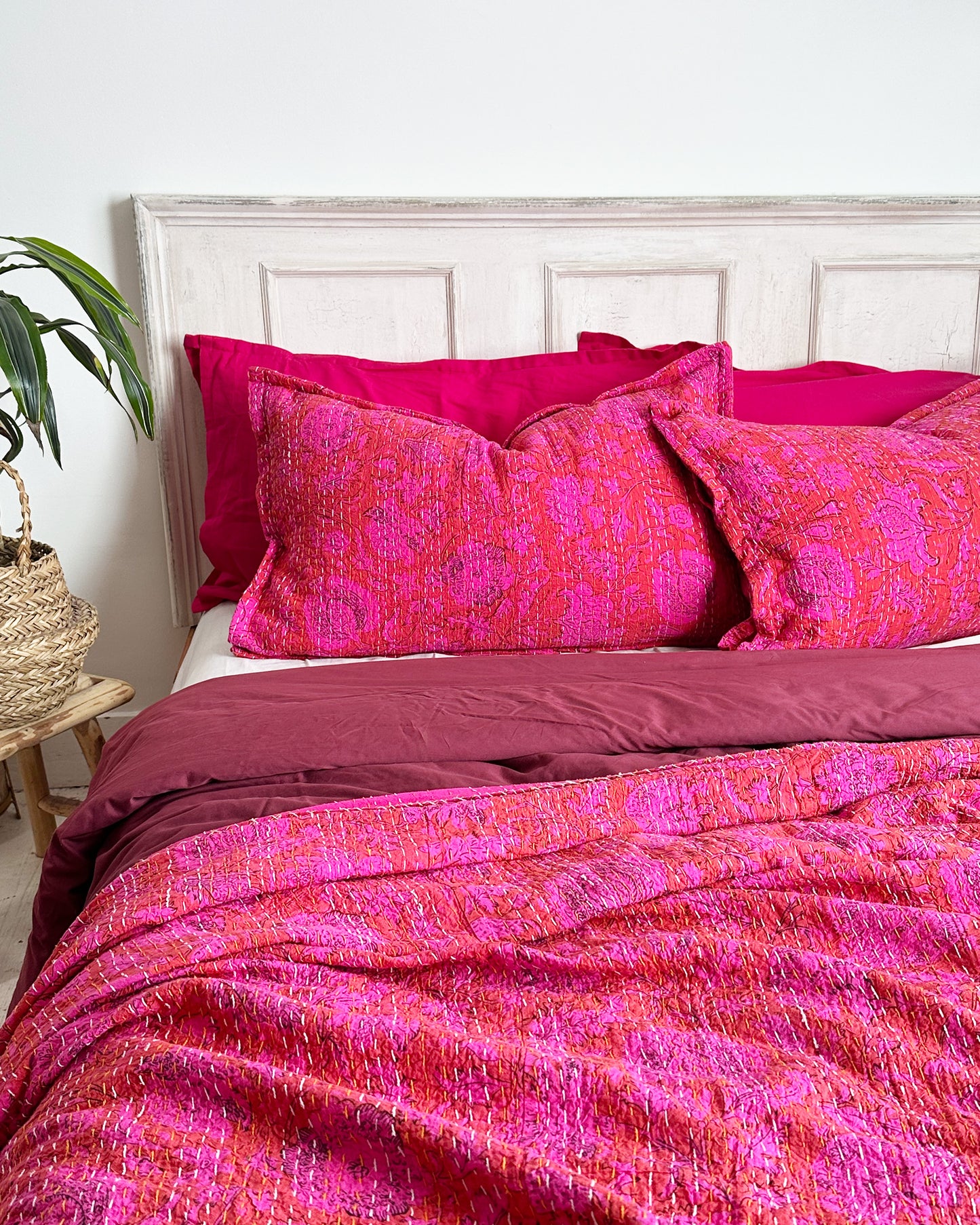 Hot Bright Pink Floral Kantha Quilt Bedspread