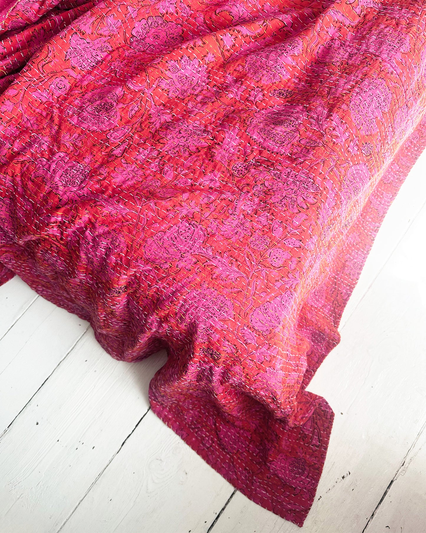 Hot Bright Pink Floral Kantha Quilt Bedspread