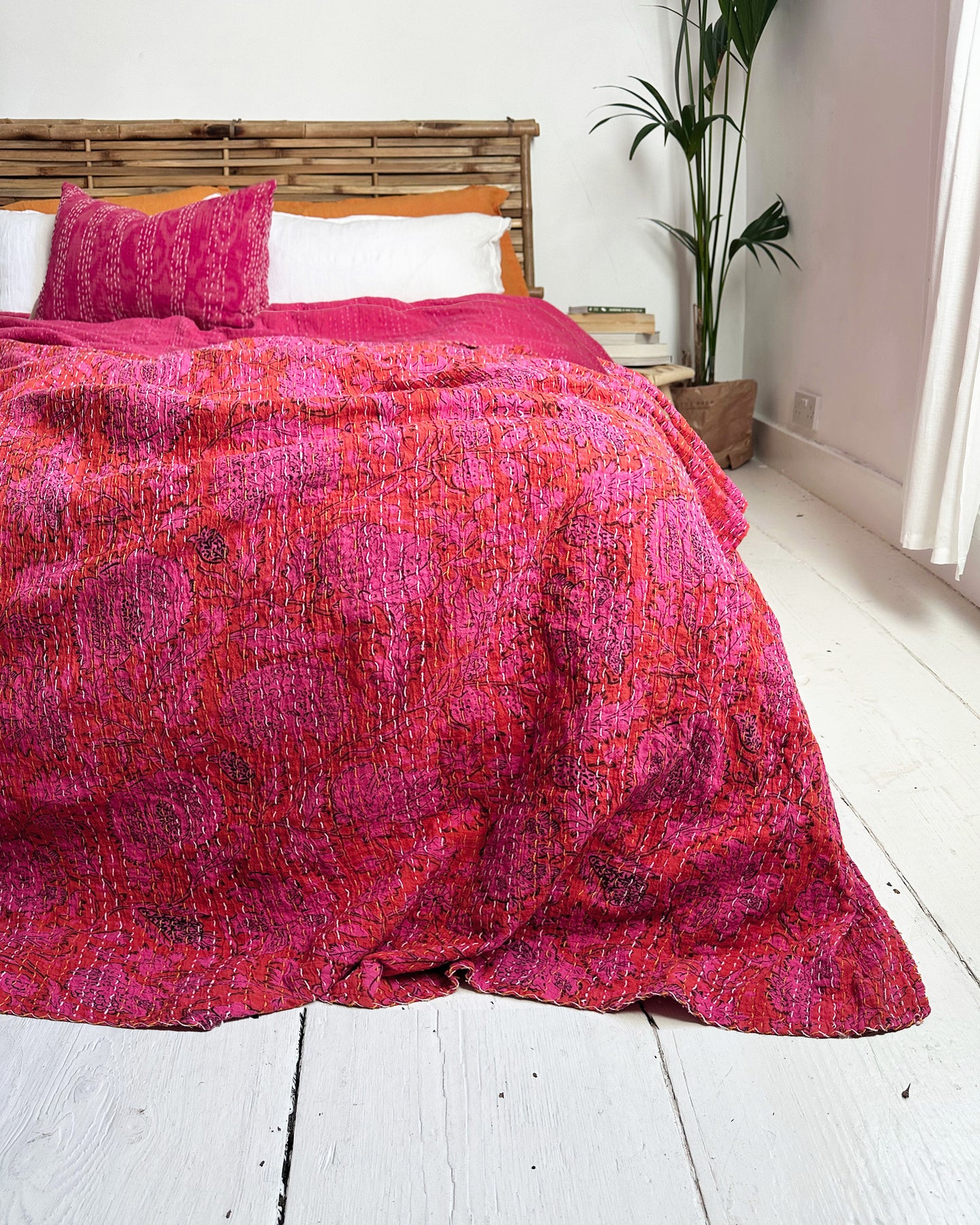 Hot Bright Pink Floral Kantha Quilt Bedspread