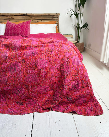 Hot Bright Pink Floral Kantha Quilt Bedspread