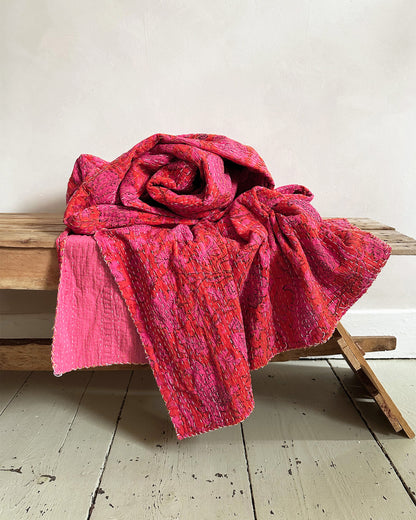 Hot Bright Pink Floral Kantha Quilt Bedspread