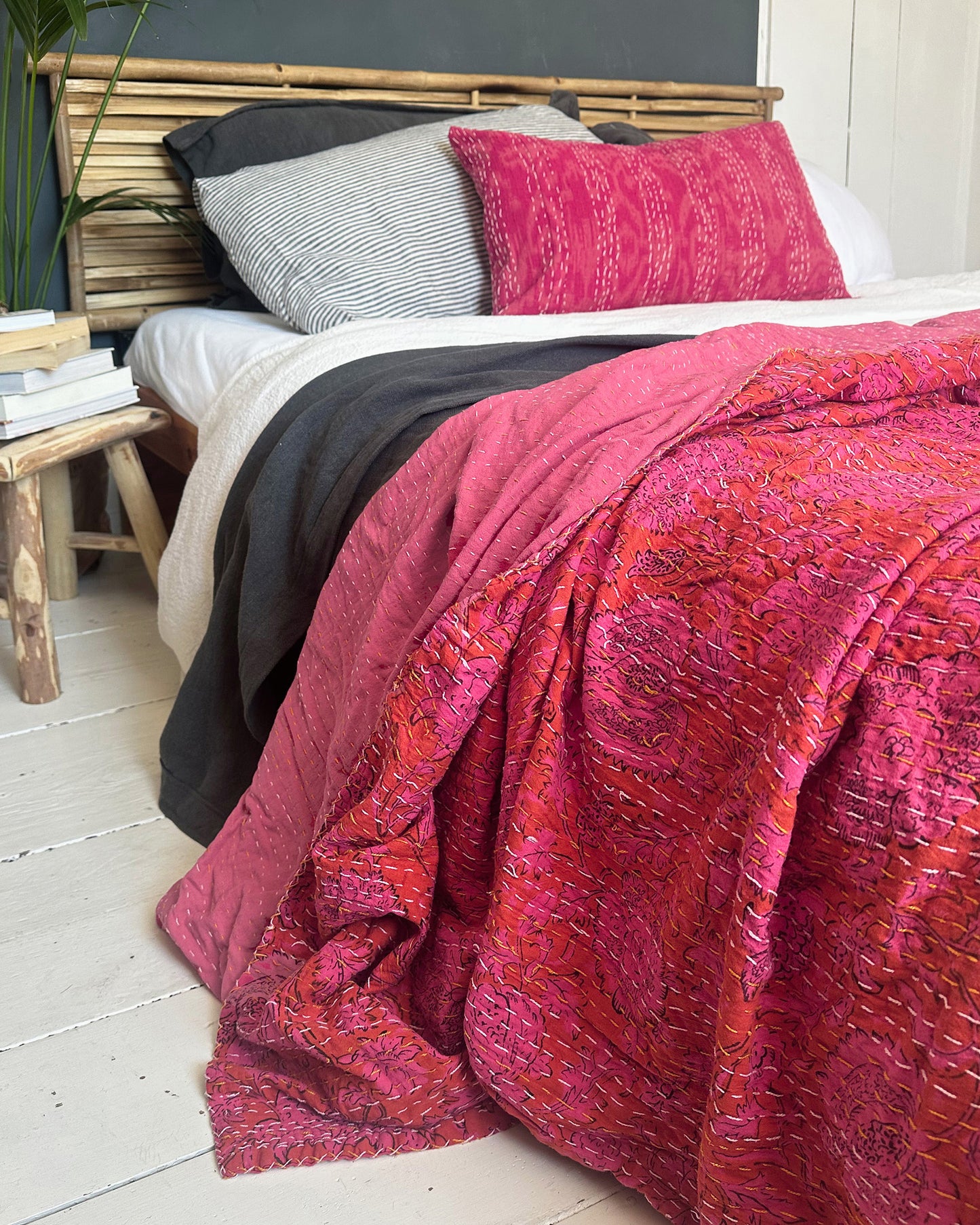 Hot Bright Pink Floral Kantha Quilt Bedspread