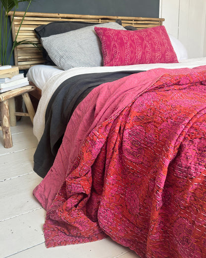 Hot Bright Pink Floral Kantha Quilt Bedspread