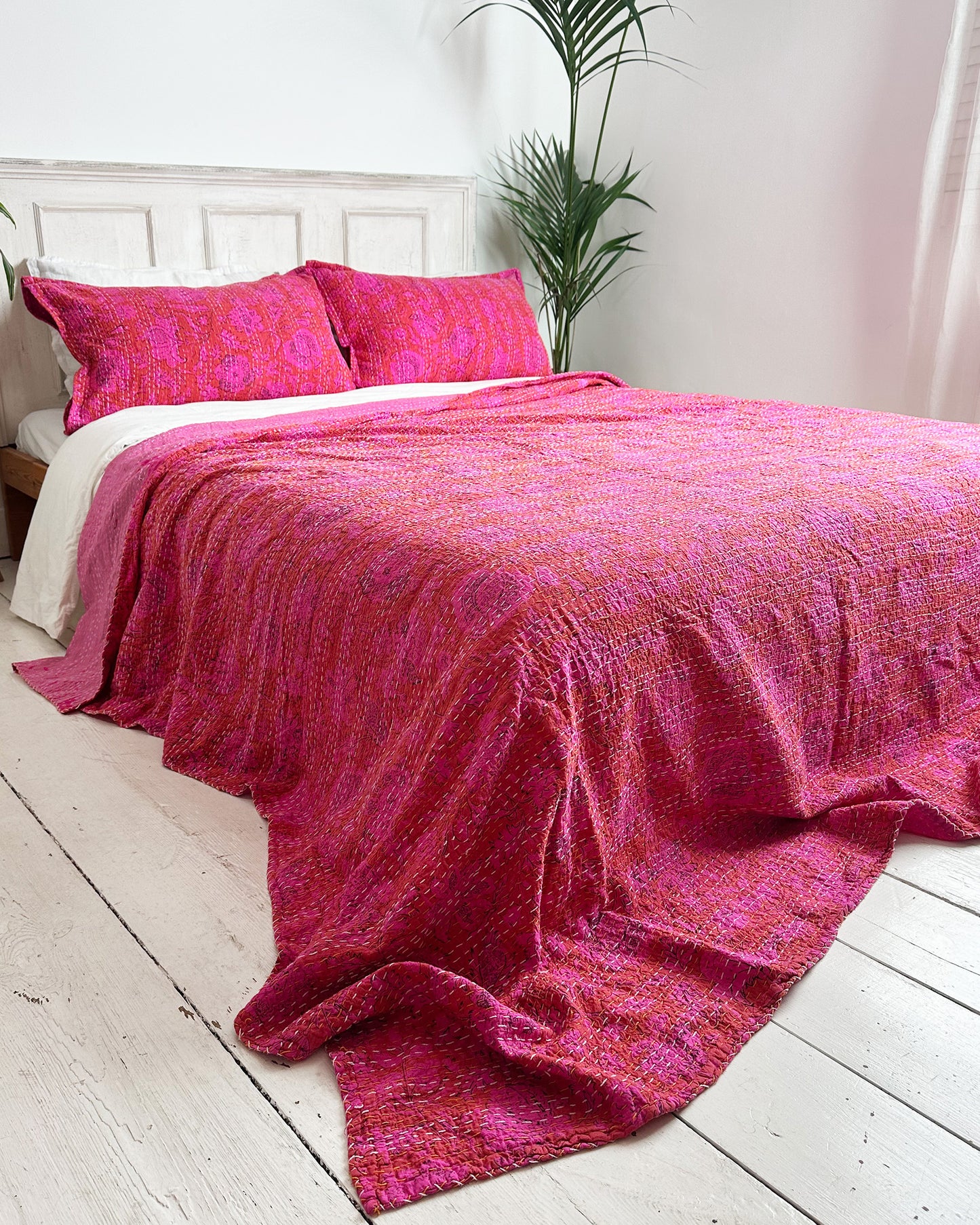 Hot Bright Pink Floral Kantha Quilt Bedspread