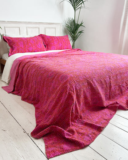Hot Bright Pink Floral Kantha Quilt Bedspread