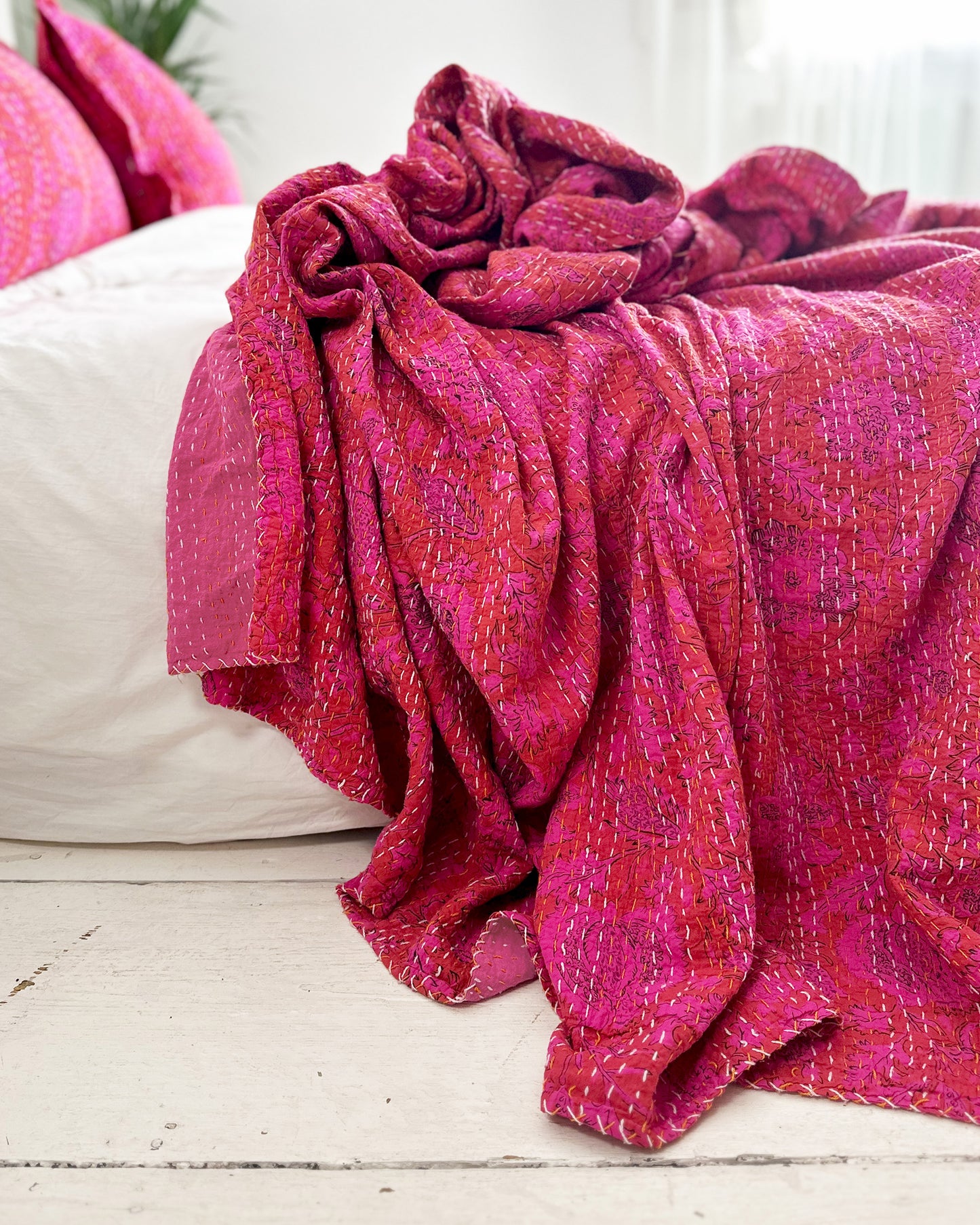 Hot Bright Pink Floral Kantha Quilt Bedspread