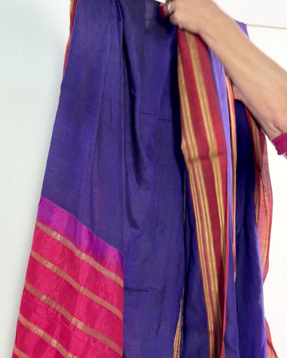 Preloved Silk Sari Length In Dark Blue and Pink 04