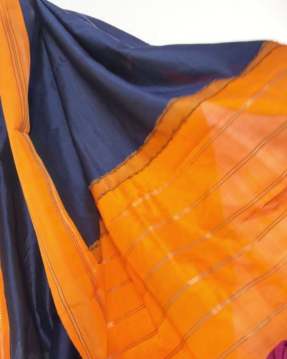 Preloved Silk Sari Length In Deep Blue and Orange 03