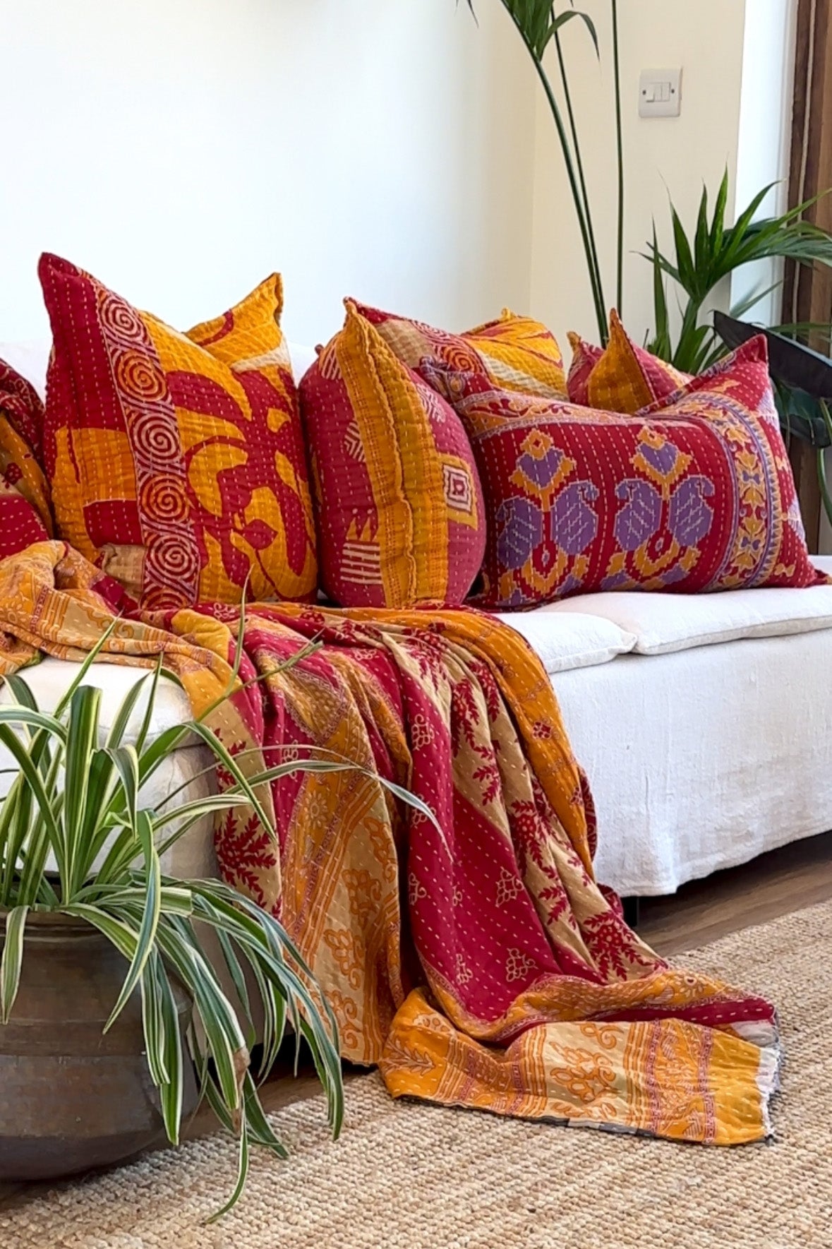 Handmade Reversible Kantha Cushion in Orange and Red - One Off - Large Rectangular - Biggs & Hill