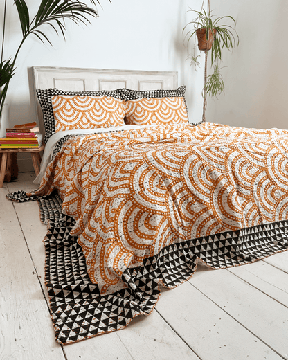 Black and Yellow Rainbow Print Cotton Kantha Bedspread - Biggs & Hill