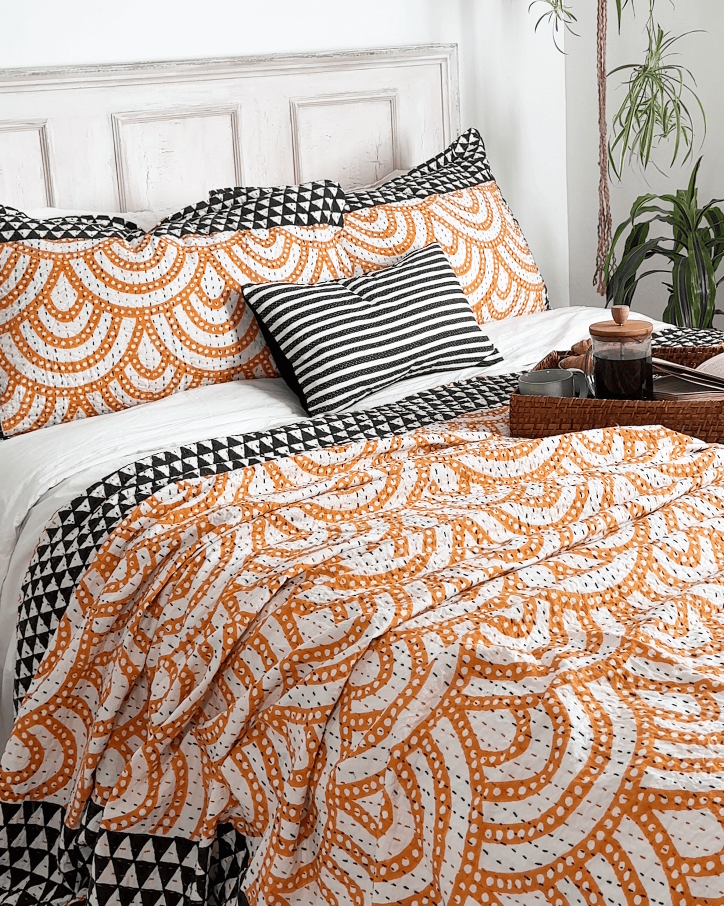 Black and Yellow Rainbow Print Cotton Kantha Bedspread - Biggs & Hill