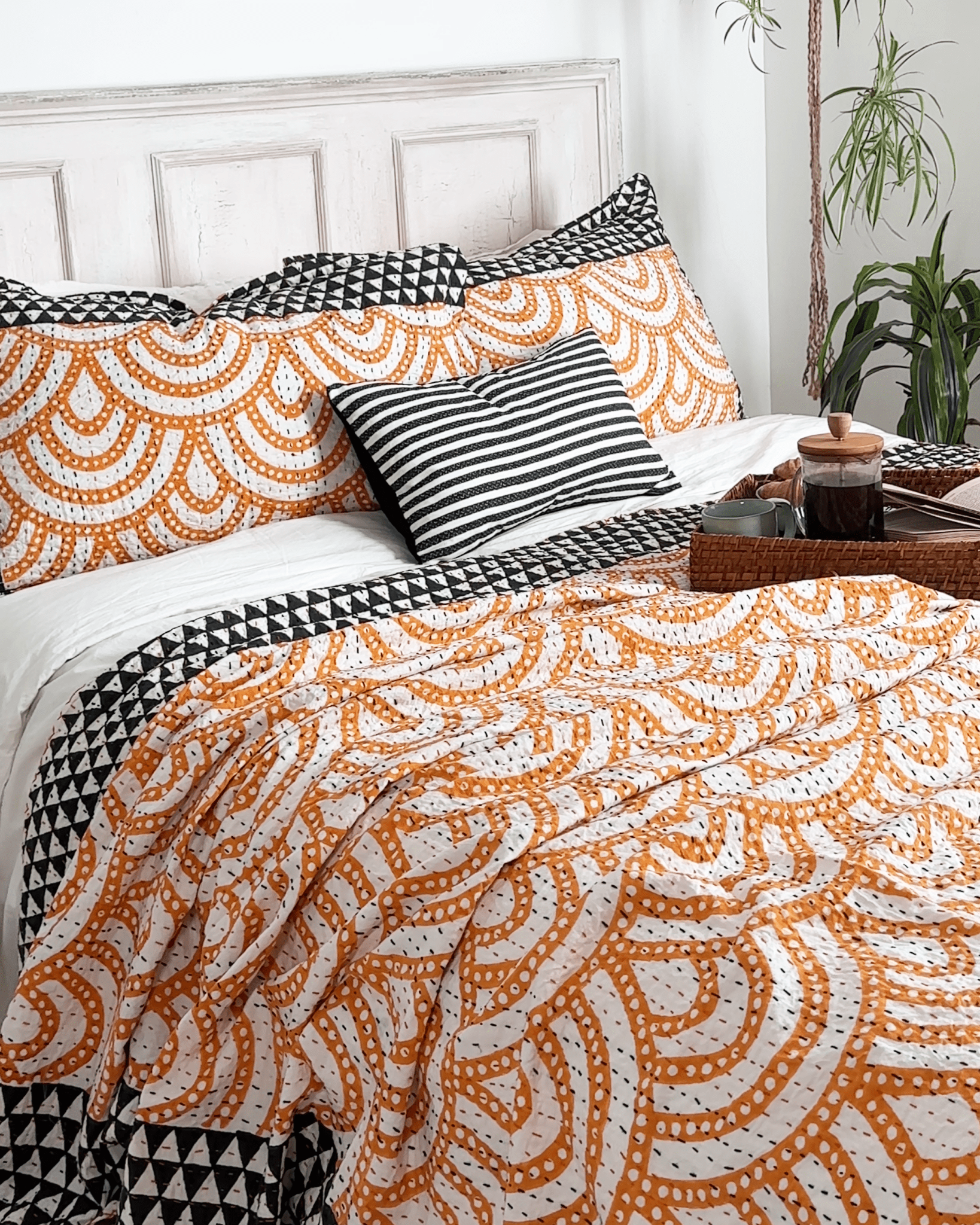Black and Yellow Rainbow Print Cotton Kantha Bedspread - Biggs & Hill