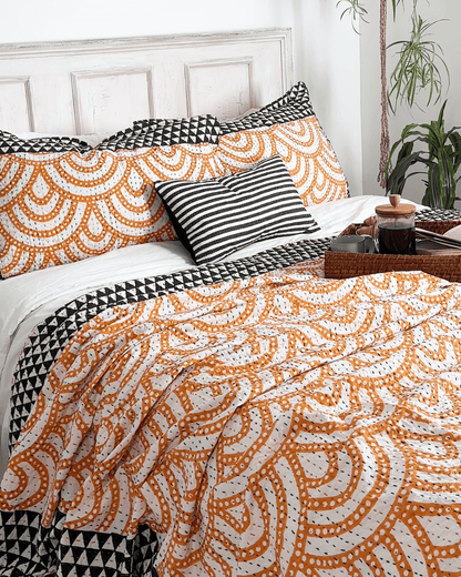 Black and Yellow Rainbow Print Cotton Kantha Bedspread - Biggs & Hill
