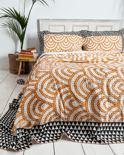 Black and Yellow Rainbow Print Cotton Kantha Bedspread - Biggs & Hill