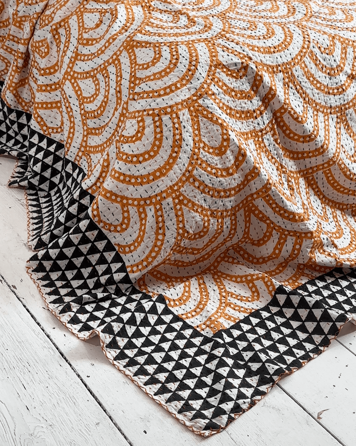 Black and Yellow Rainbow Print Cotton Kantha Bedspread - Biggs & Hill
