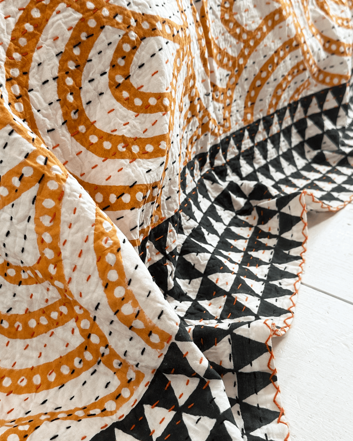 Black and Yellow Rainbow Print Cotton Kantha Bedspread - Biggs & Hill