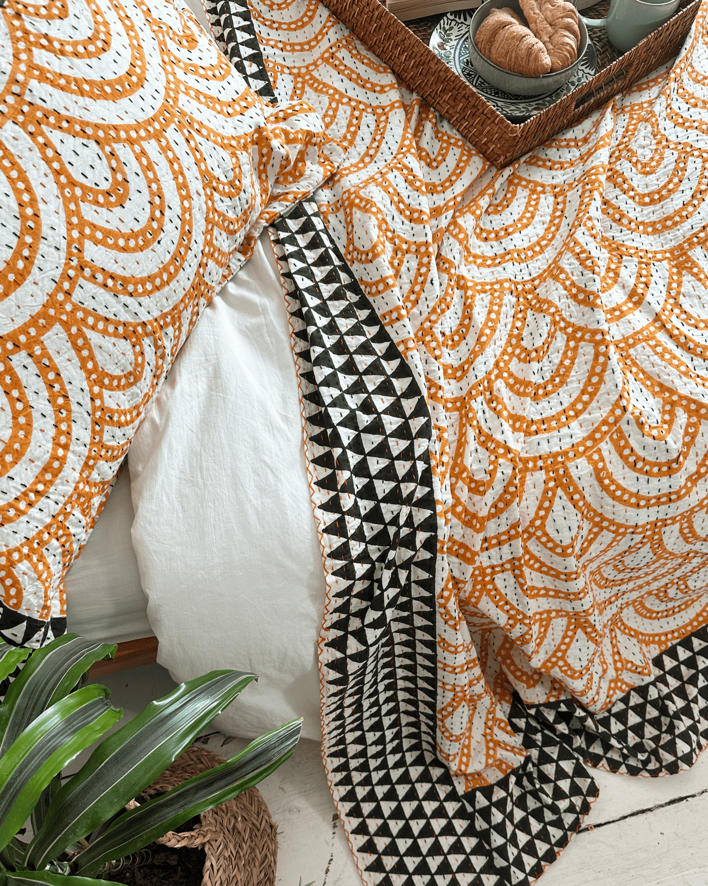 Black and Yellow Rainbow Print Cotton Kantha Bedspread - Biggs & Hill