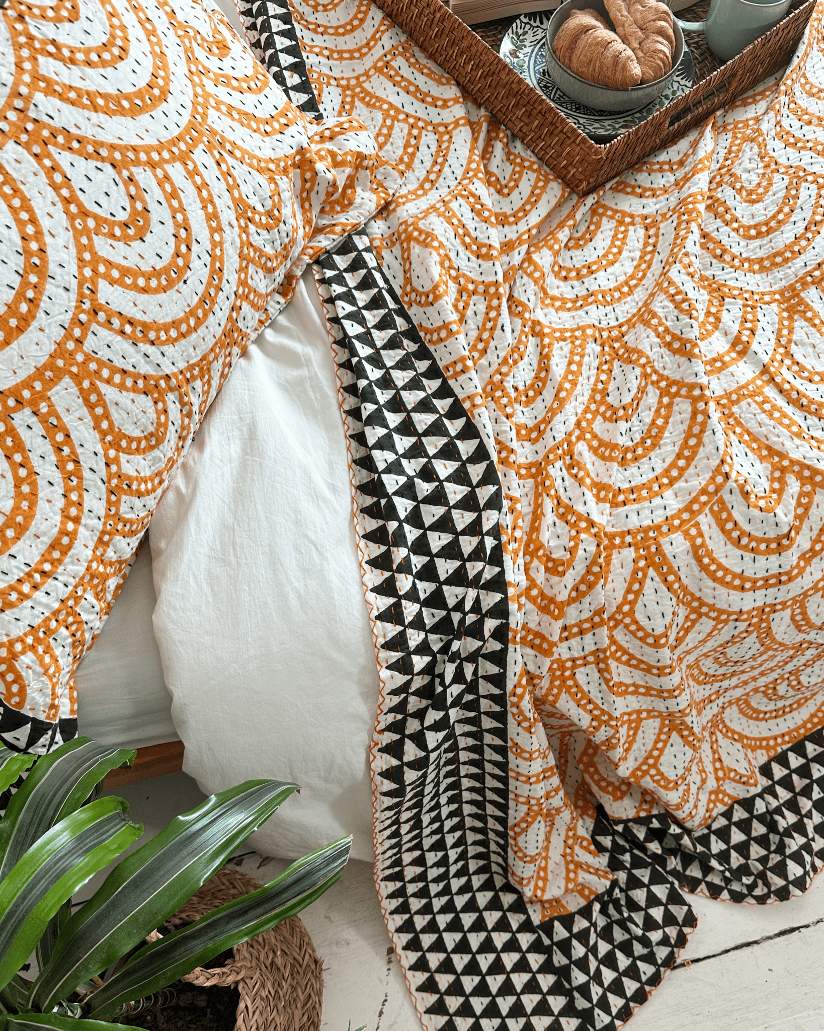 Black and Yellow Rainbow Print Cotton Kantha Bedspread - Biggs & Hill