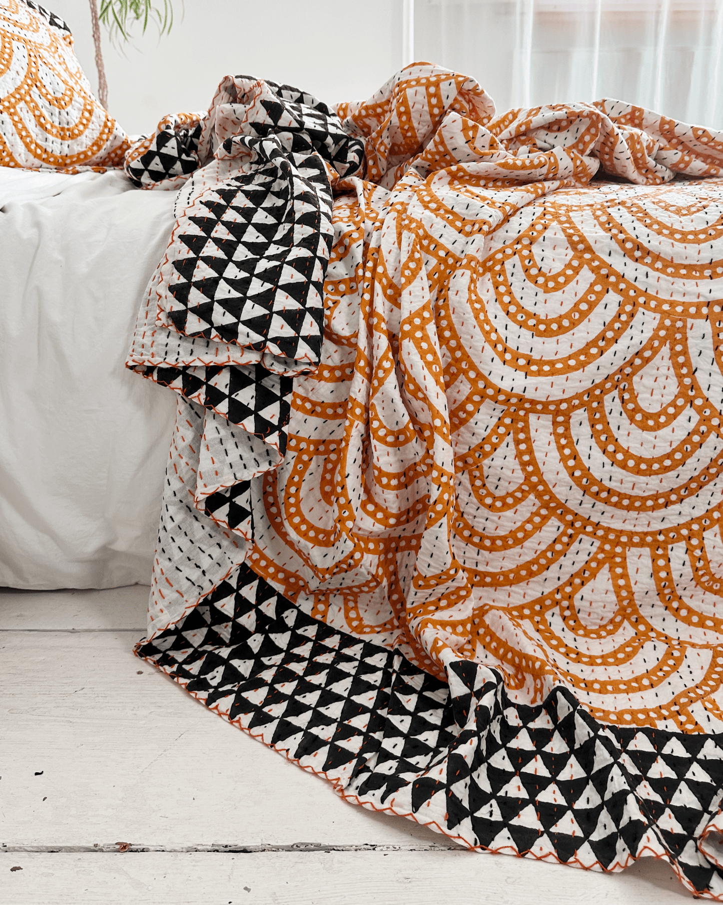 Black and Yellow Rainbow Print Cotton Kantha Bedspread - Biggs & Hill