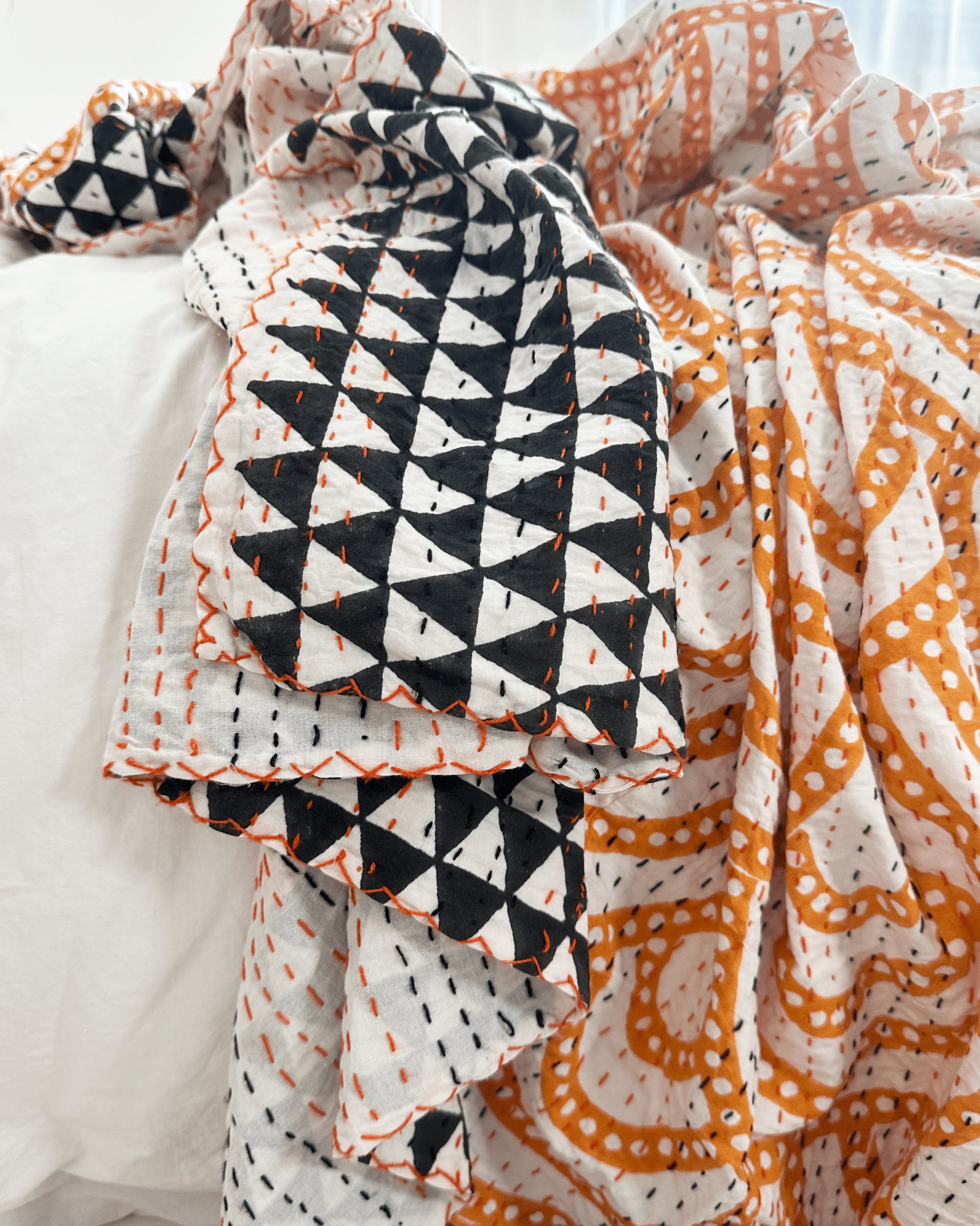 Black and Yellow Rainbow Print Cotton Kantha Bedspread - Biggs & Hill