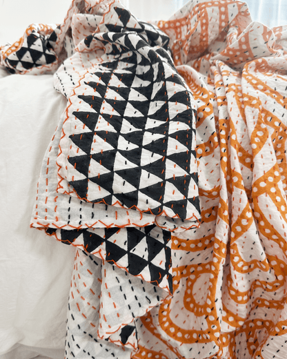 Black and Yellow Rainbow Print Cotton Kantha Bedspread - Biggs & Hill