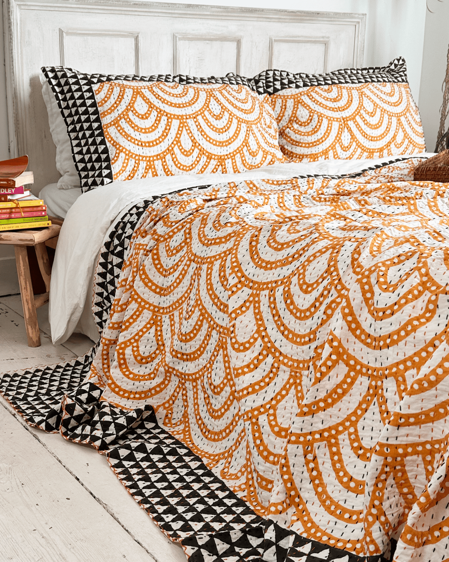 Black and Yellow Rainbow Print Cotton Kantha Bedspread - Biggs & Hill