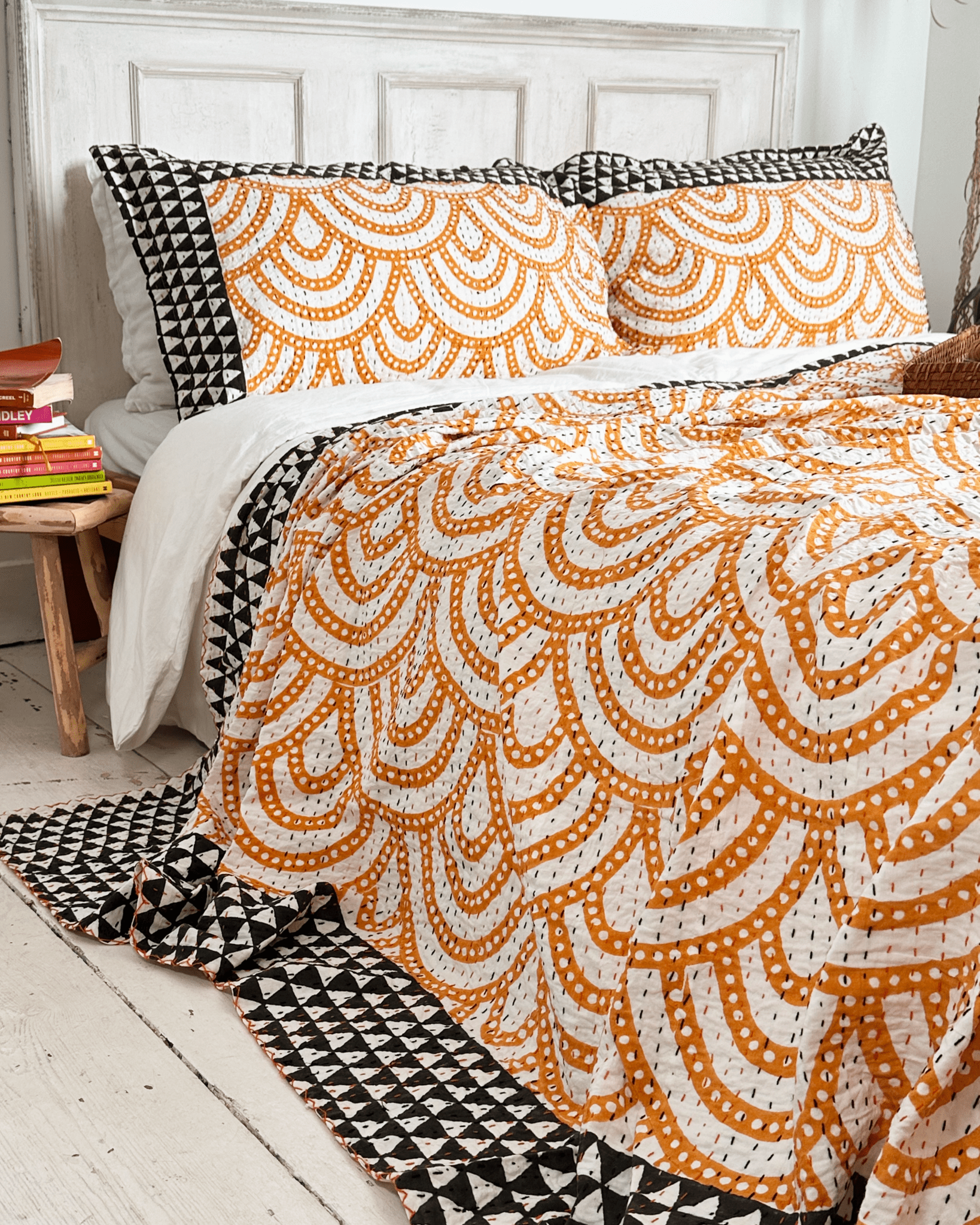 Black and Yellow Rainbow Print Cotton Kantha Bedspread - Biggs & Hill