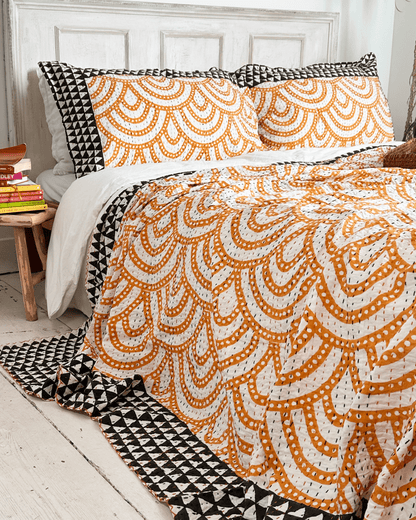 Black and Yellow Rainbow Print Cotton Kantha Bedspread - Biggs & Hill