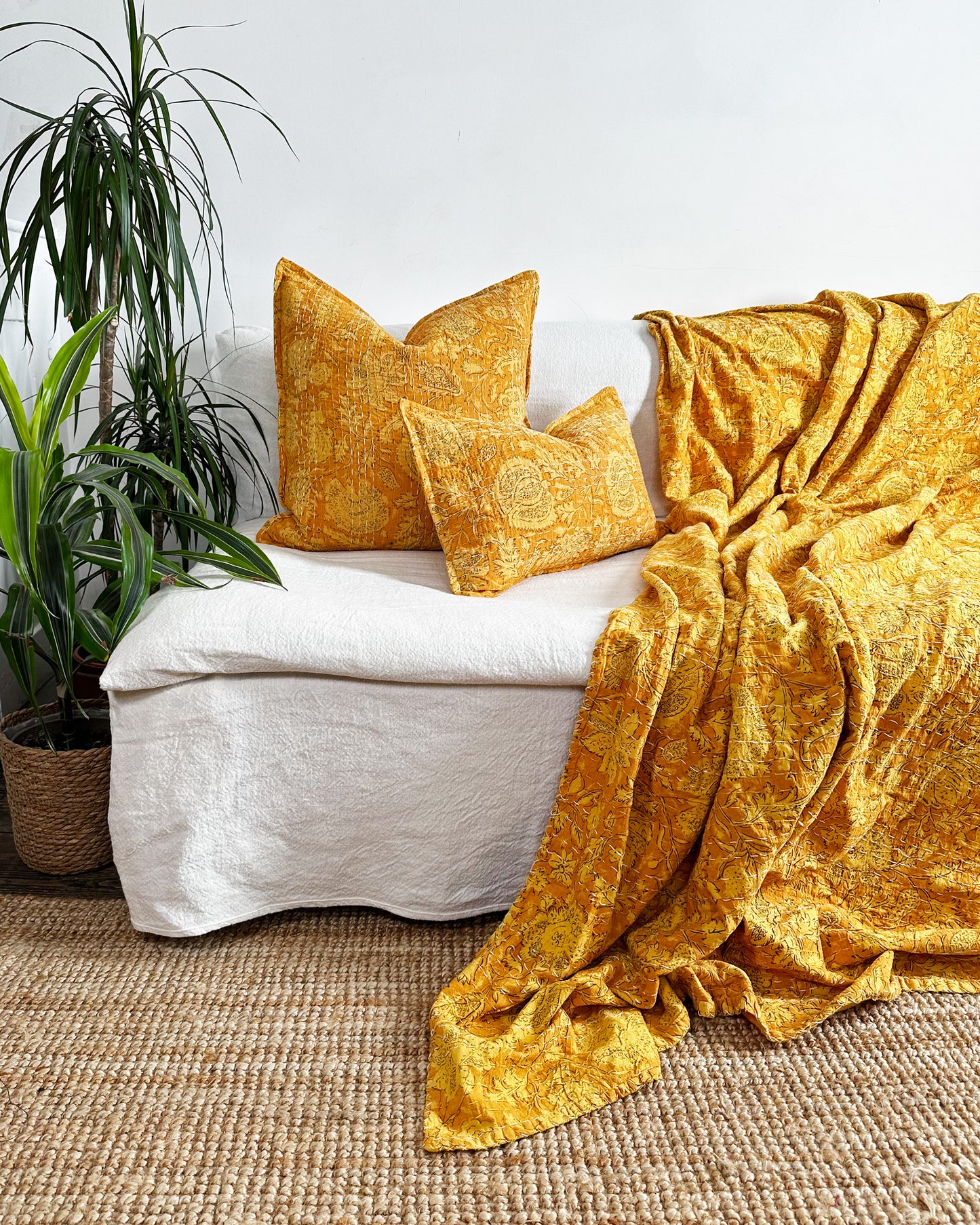 Sunshine Yellow Gold Floral Kantha Quilt Bedspread
