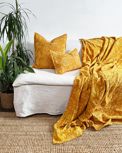 Sunshine Yellow Gold Floral Kantha Quilt Bedspread