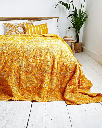 Sunshine Yellow Gold Floral Kantha Quilt Bedspread
