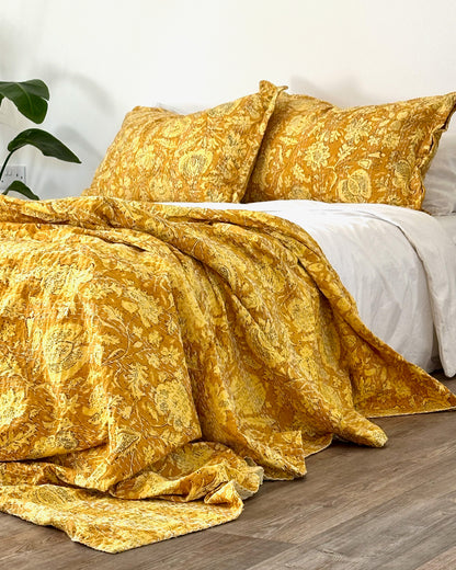 Sunshine Yellow Gold Floral Kantha Quilt Bedspread