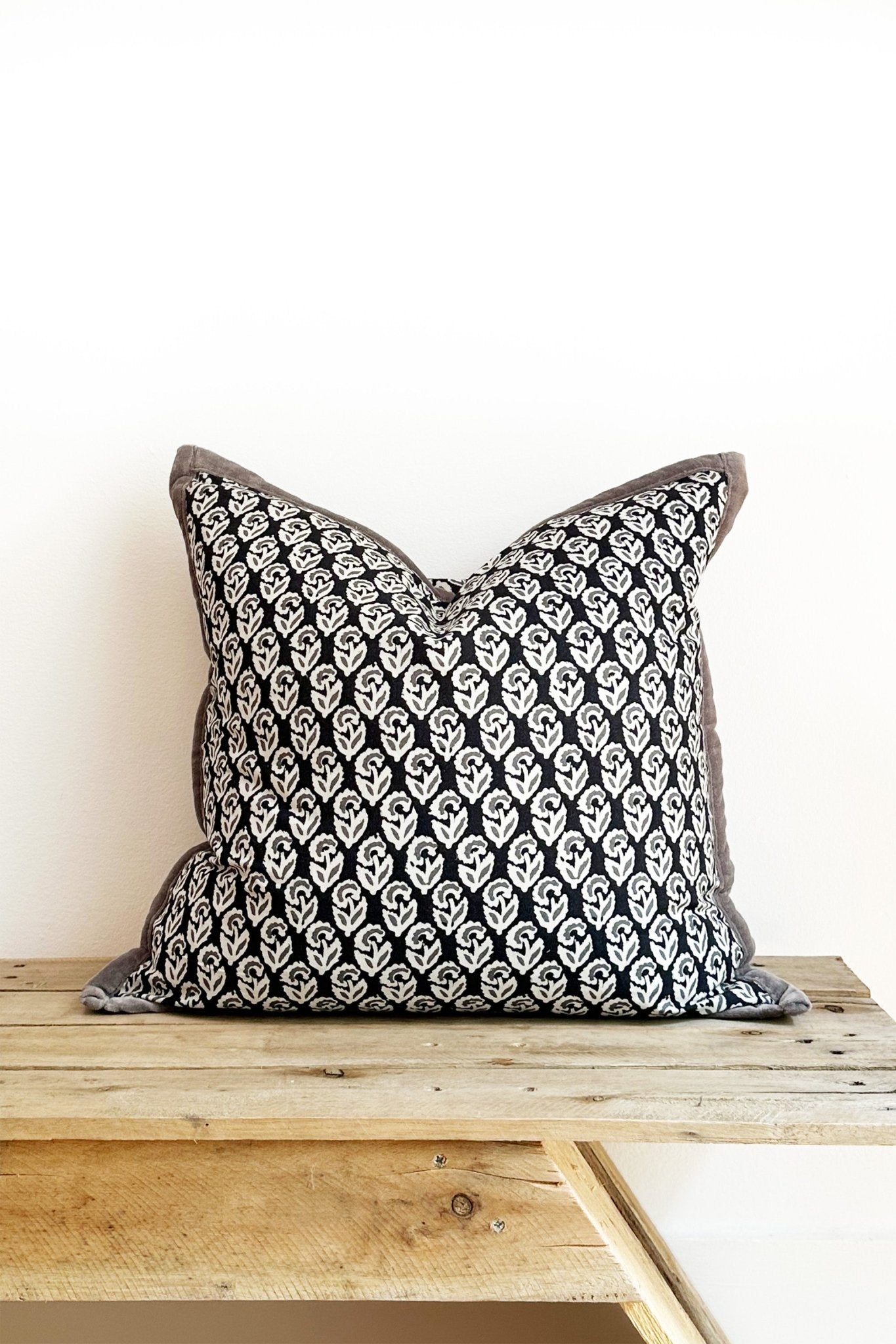 Handmade Grey Floral Printed Cushion Cover With Velvet Trim - Biggs & Hill - Cushion Covers - 18 inch - 45cm - cotton