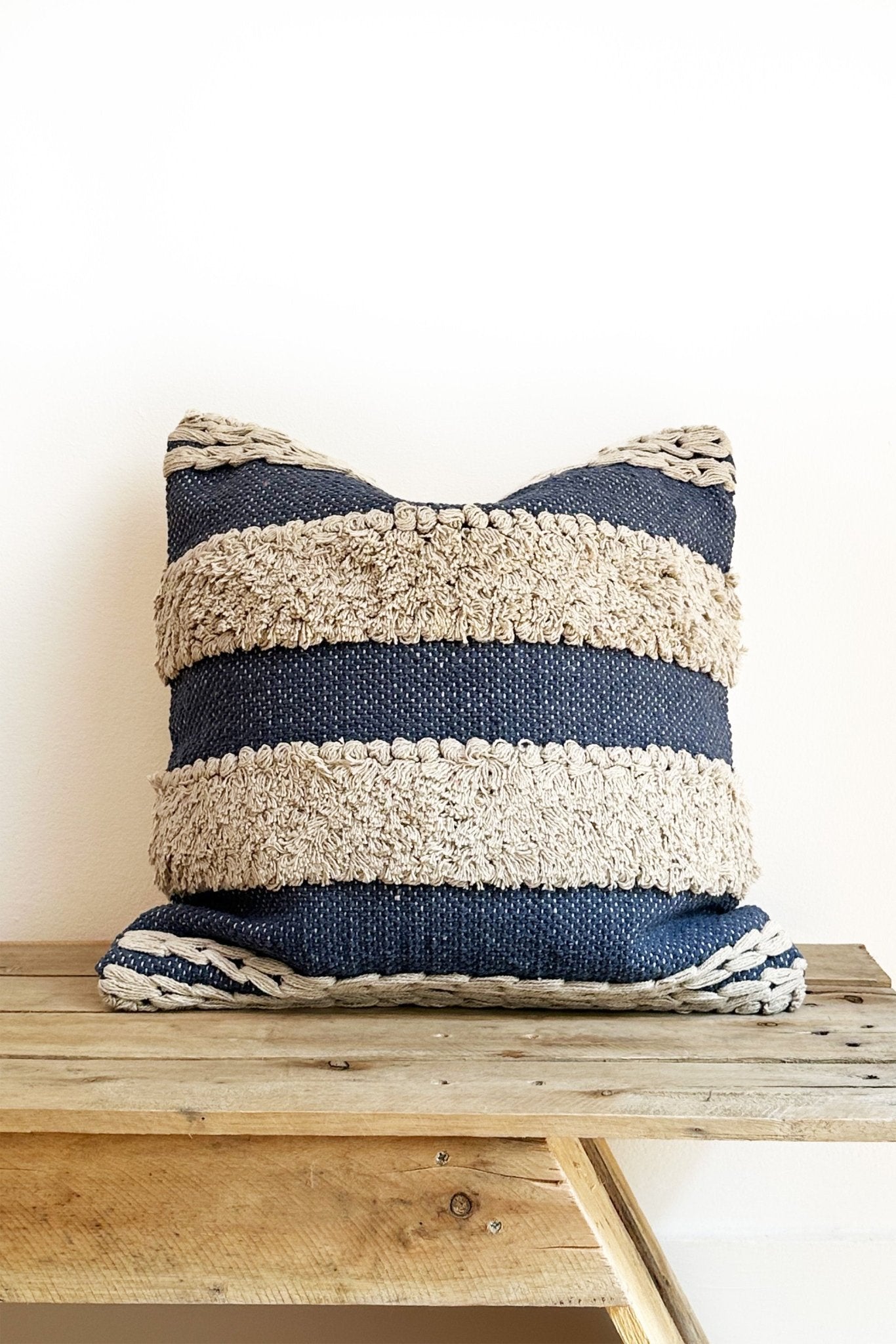 Handmade Indigo and Cream Tufted Cushion Cover - Biggs & Hill - Cushion Covers - 18 inch - 45cm - blue - cotton - striped