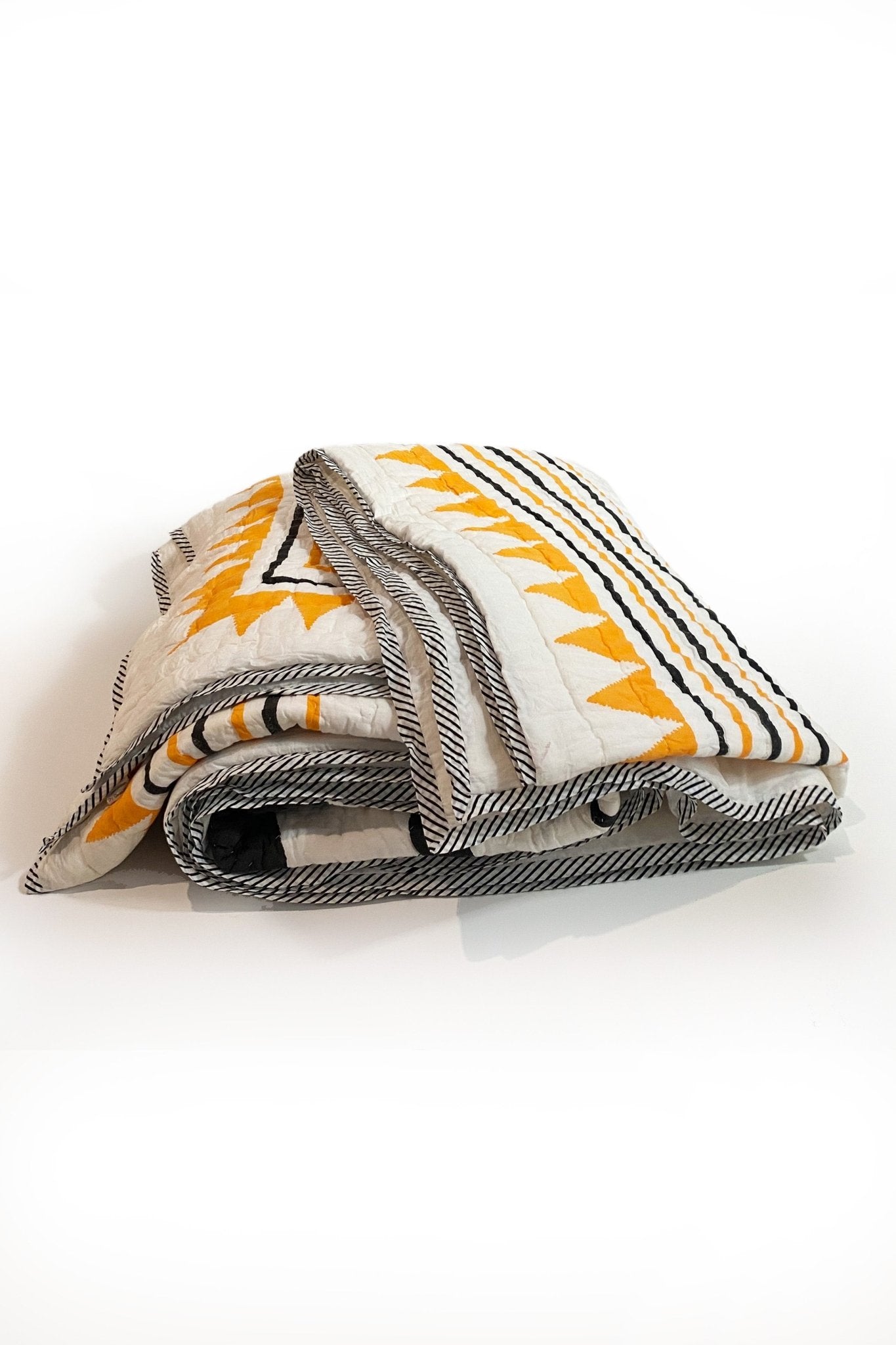 No 2 Block Printed Black, White and Yellow Geometric Quilted Bedspread - Biggs & Hill - Bedspread - Bedspread - black - blanket