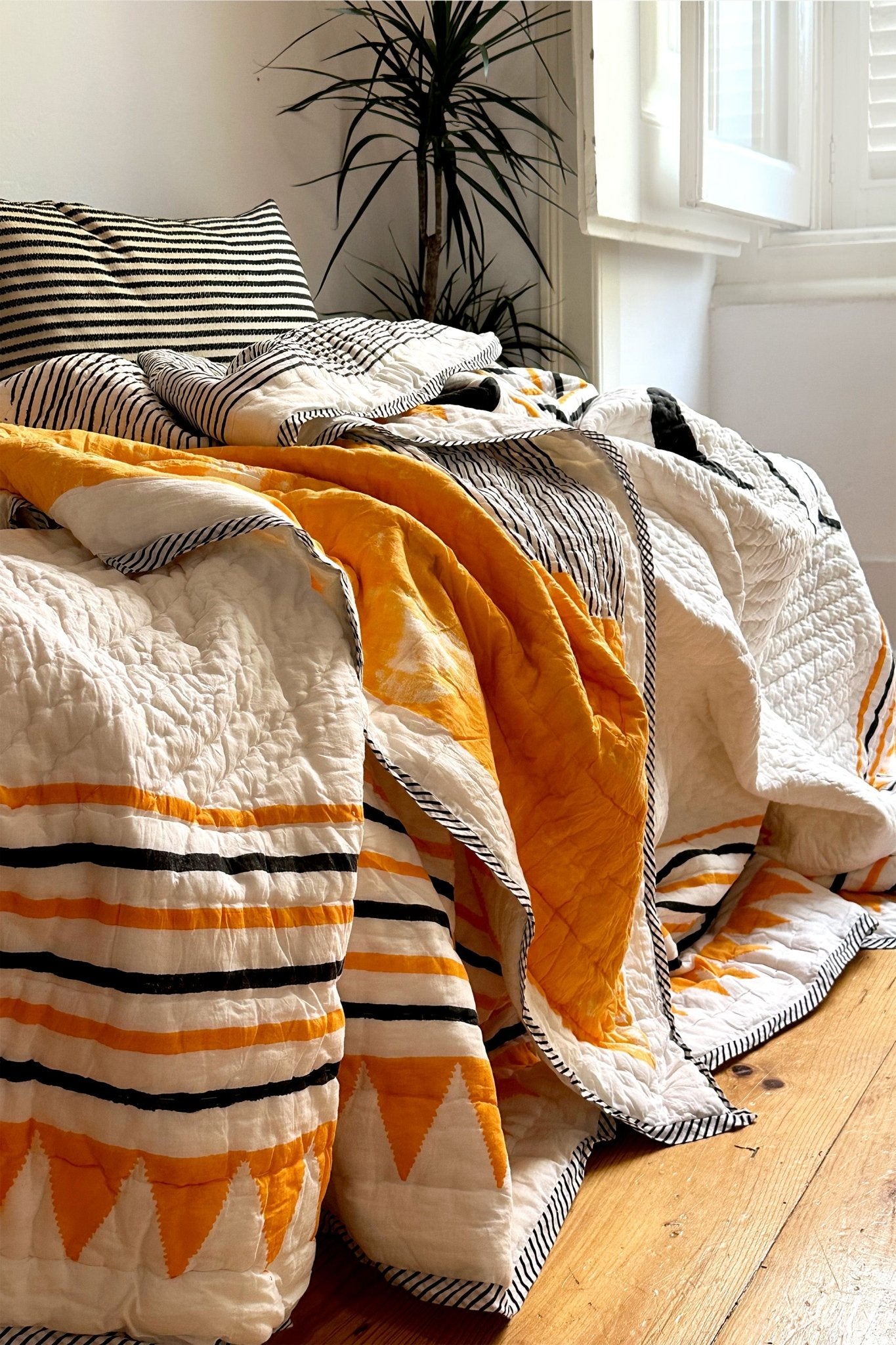 No 2 Block Printed Black, White and Yellow Geometric Quilted Bedspread - Biggs & Hill - Bedspread - Bedspread - black - blanket
