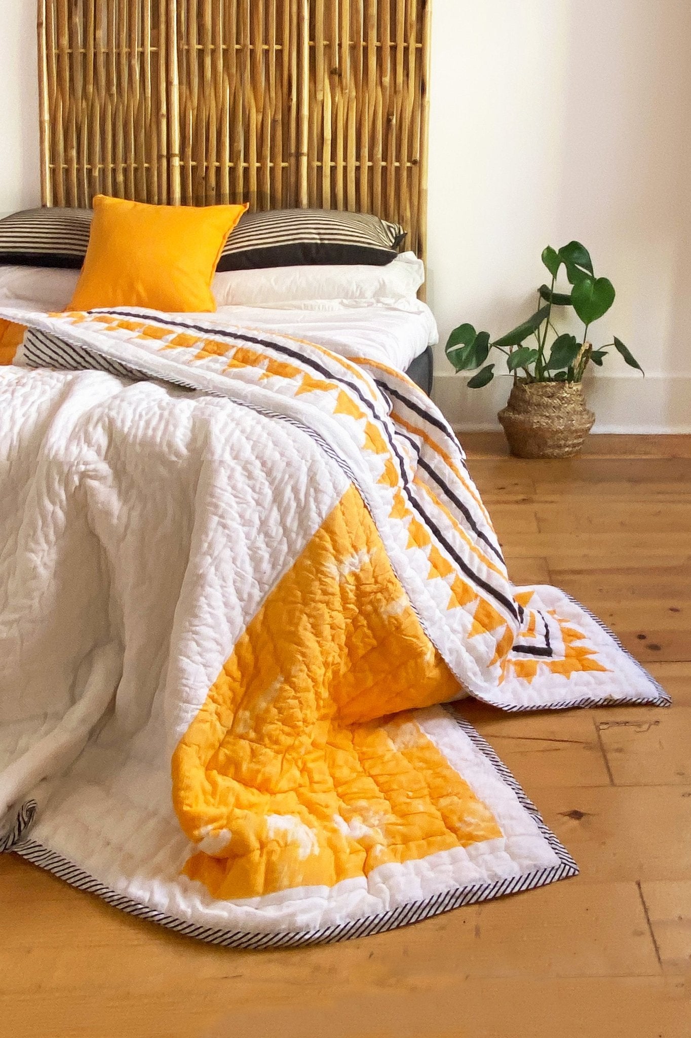 Block Printed Black, White and Yellow Geometric Quilted Bedspread - Biggs & Hill - Bedspread - Bedspread - black - blanket