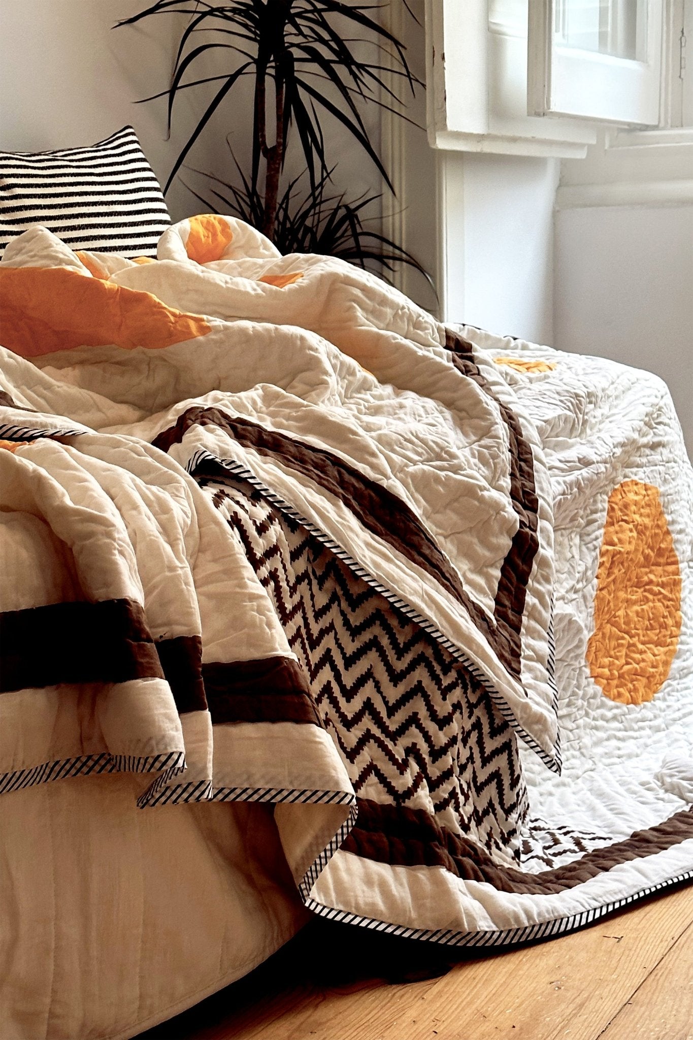 No 3 Block Printed Brown, White and Orange Geometric Quilted Bedspread - Biggs & Hill - Bedspread - Bedspread - black - blanket