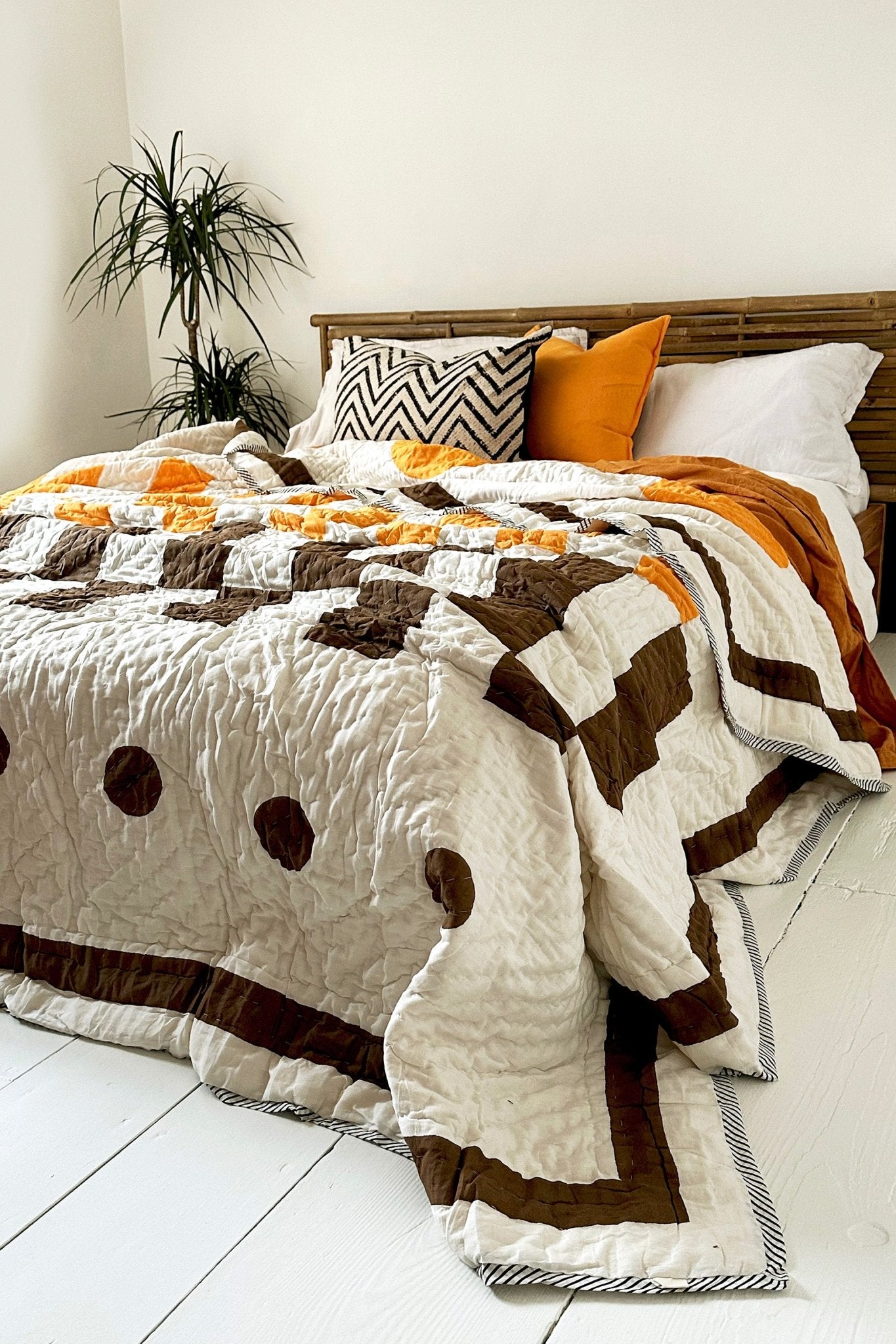 No 3 Block Printed Brown, White and Orange Reversible Quilted Bedspread - Biggs & Hill - Bedspread - Bedspread - black - blanket