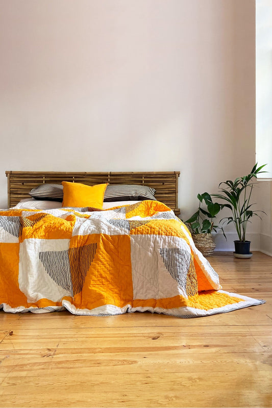 King Size Printed Black, White and Yellow Geometric Quilted Bedspread - Biggs & Hill - quilt - colourful -orange - blanket