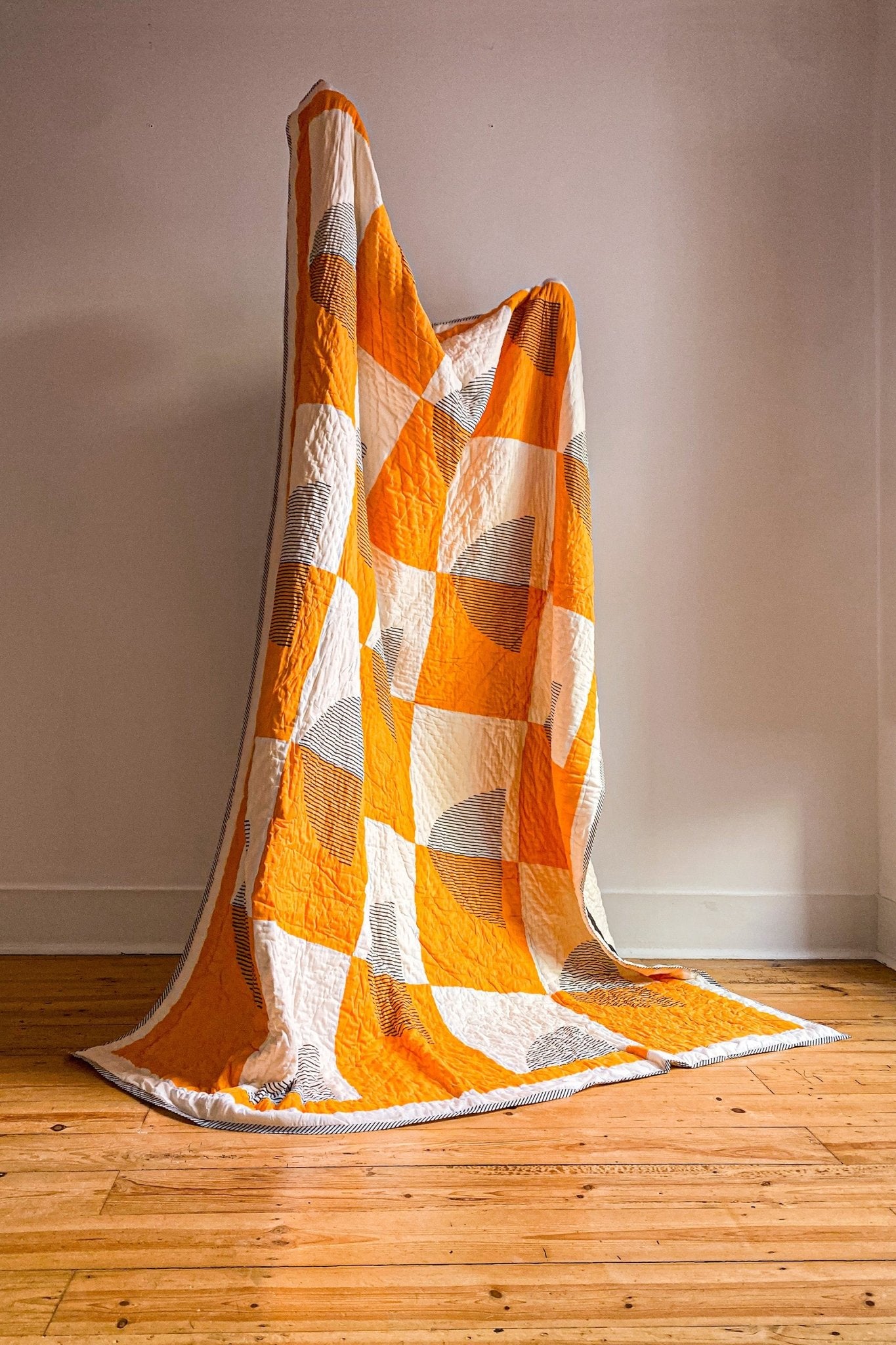 King Size Printed Black, White and Yellow Geometric Quilted Bedspread - Biggs & Hill - quilt - colourful -orange - blanket