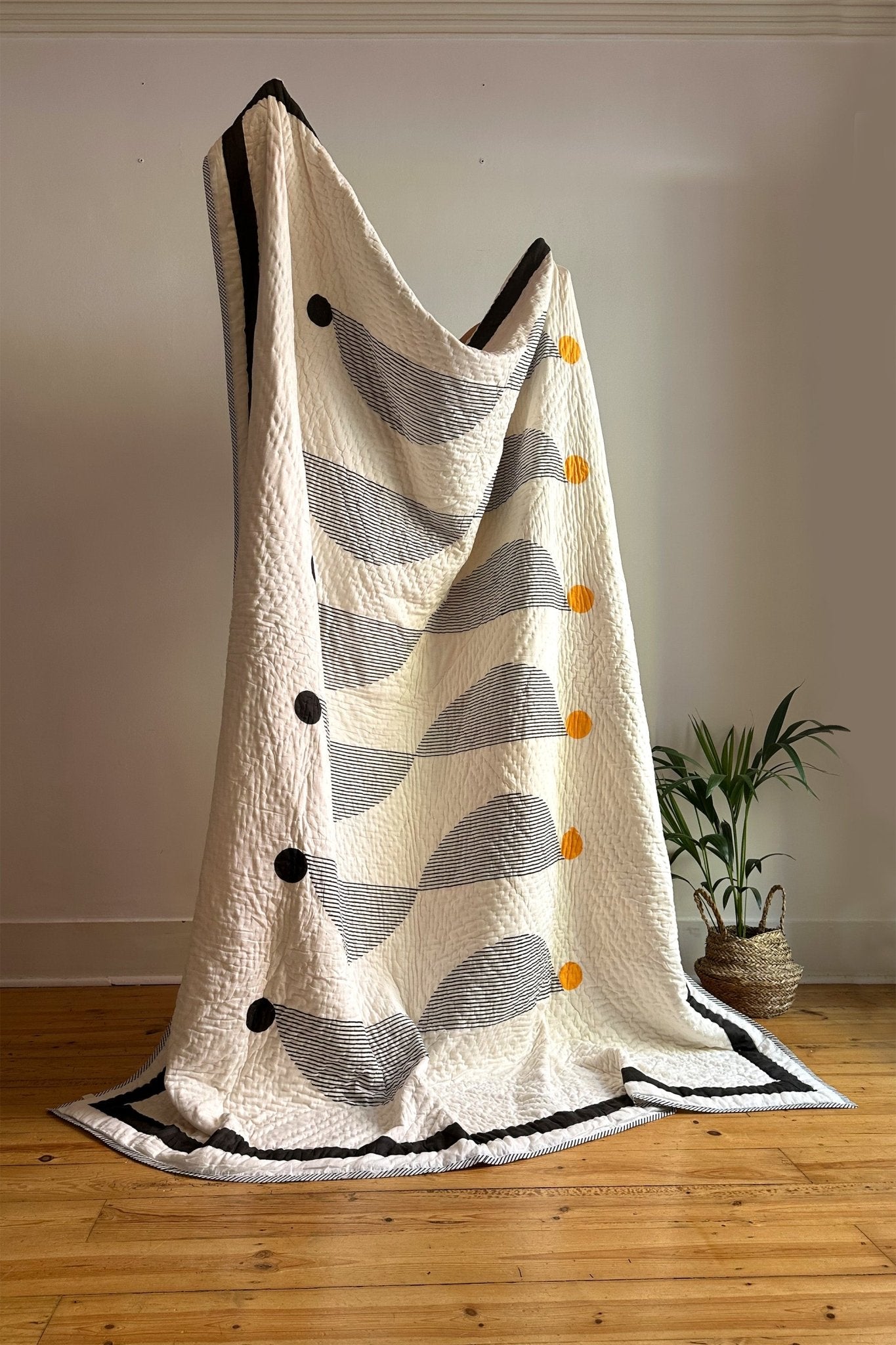 No 4 Block Printed Black, White and Orange Reversible Quilted Bedspread - Biggs & Hill - Bedspread - Bedspread - black - blanket