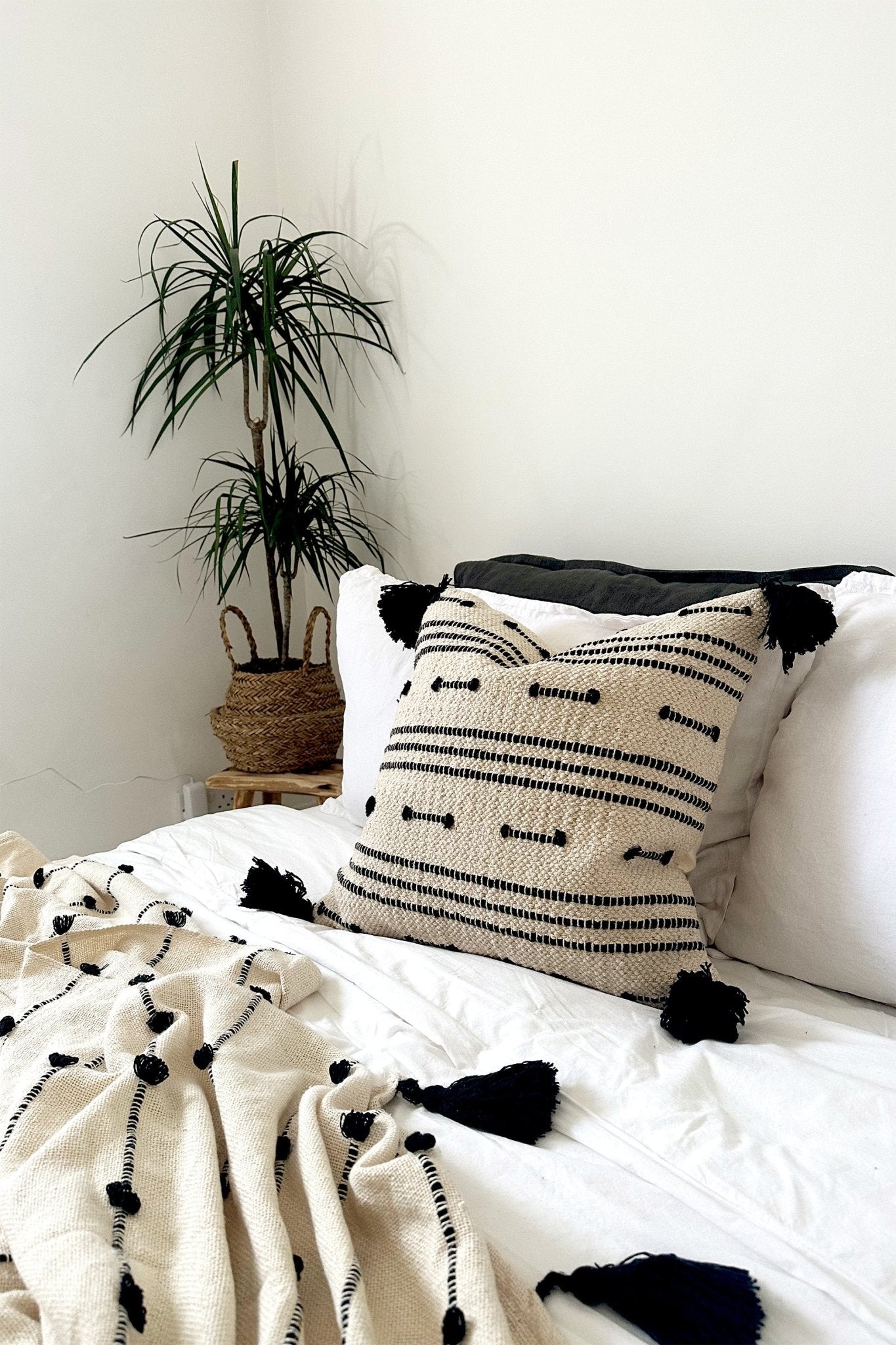 Boho Cushion Cover Black and Cream with Tassels - Biggs & Hill - 18 inch - 45cm - beige black cushions