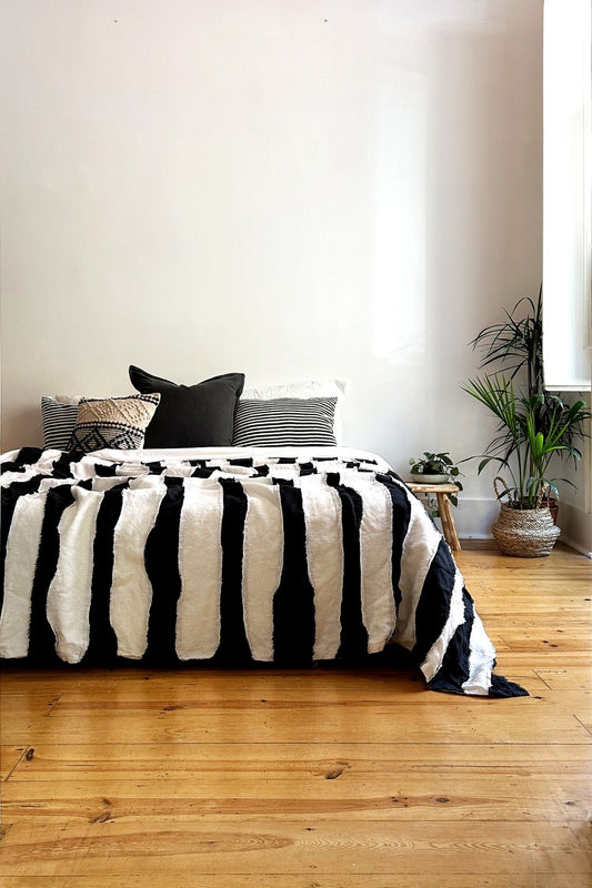 Black and White Striped Linen Bedspread - Biggs & Hill -